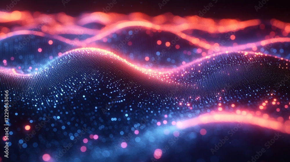 Poster digital blue wave effects glowing neon gradients and geometric patterns creating a sleek futuristic 