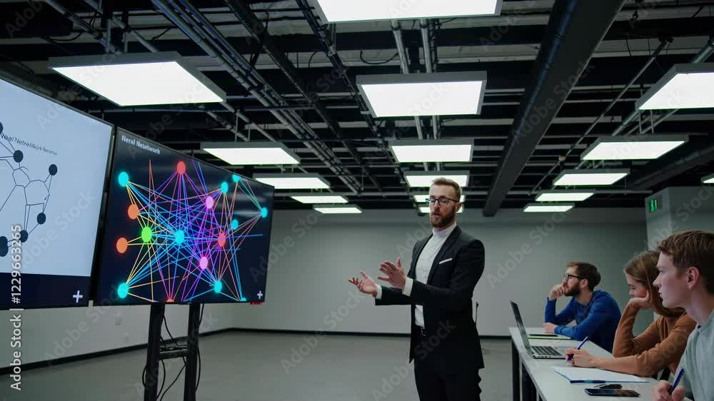 Poster engaging presentation on data visualization techniques in a modern conference room