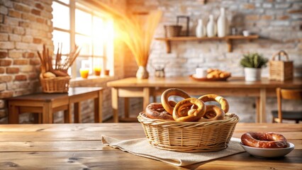 Fototapeta premium Warm Rustic Kitchen Setting with Basket of Baked Goods and Single Pretzel on Wooden Table