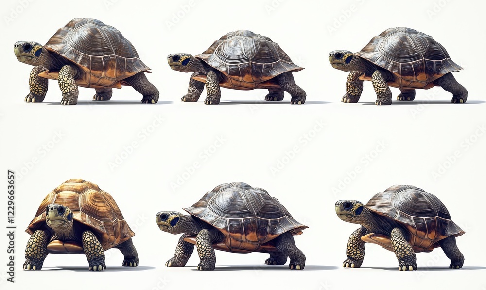 Poster realistic 3d rendering of turtles in various positions, showcasing detailed textures and colors of t