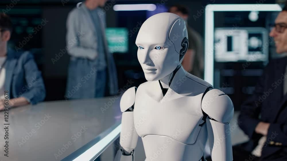 Poster futuristic discussion on holographic technology featuring vfx and hud elements in a sleek environmen