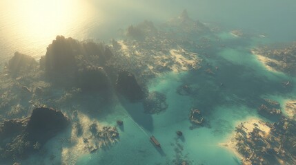 Fototapeta premium Aerial view of a tropical archipelago with a ship at sunset, showing rocky islands, turquoise waters, and misty atmosphere.