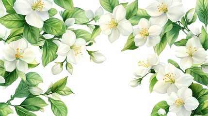 Fototapeta premium Watercolor White Jasmine Flowers Floral Border Design