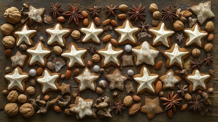 A beautifully arranged display of gingerbread cookies in the shape of stars, surrounded by Christmas nuts and spices on an old wooden table. Copy space