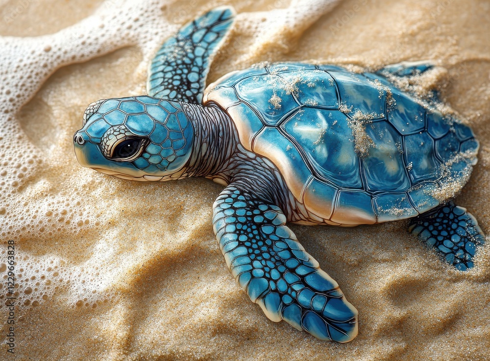 Poster realistic and colorful sea turtle on sandy beach with gentle waves and detailed shell patterns for n