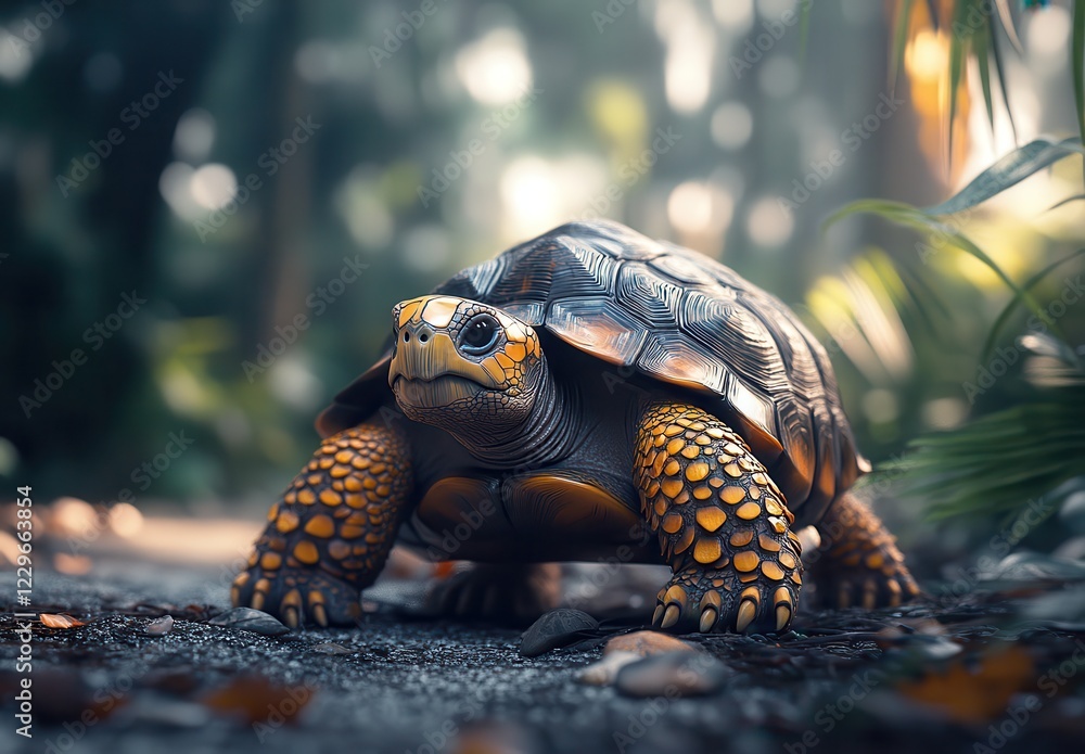 Poster realistic and colorful turtle in a natural habitat, showcasing intricate patterns and textures with 