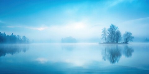 Obraz premium Serene Misty Morning on a Tranquil Lake with Silhouetted Trees and Their Reflections in the Still Water