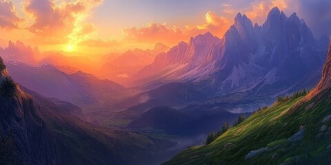 Majestic Sunset over the Alpine Mountains: A Breathtaking Panorama