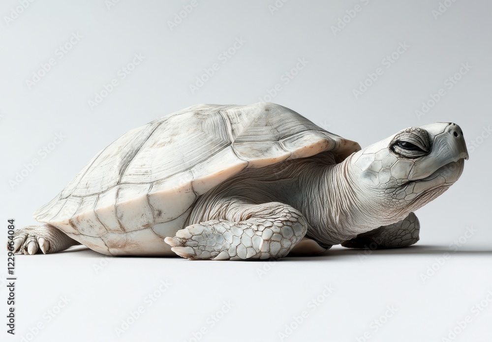 Poster realistic and detailed portrayal of a white turtle in a calm setting with soft lighting for nature o