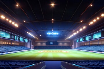 Design an indoor cricket stadium where a large, brightly lit banner is prominently displayed in the background