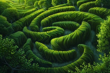 Intricate maze pattern formed by vibrant green hedges, creating a challenging puzzle surrounded by lush foliage