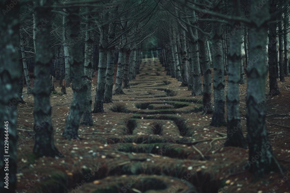 Poster intricate path weaving through a dark, mysterious forest, creating a captivating scene of nature and