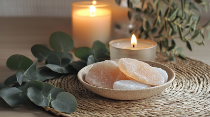Spa setting with lit candles and natural soap bars in a ceramic bowl placed on a woven mat surrounded by eucalyptus leaves, concept of relaxation and wellness for spa services and aromatherapy