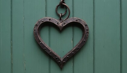 A heart-shaped metal pendant with a rustic finish, adorned with decorative nails, suspended from a sturdy chain, perfect for unique jewelry pieces. 