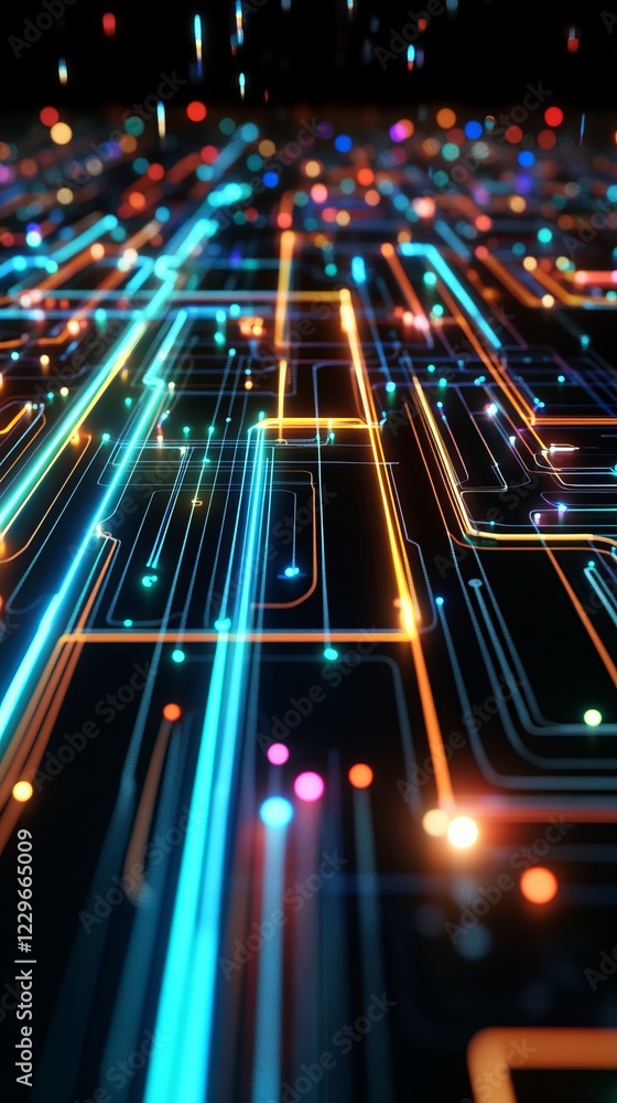 Poster a vibrant digital circuit board with neon lights illustrating a complex network on a dark background