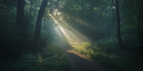 Naklejka premium Sunlight filtering through trees serene forest path nature photography tranquil environment ground level view peaceful atmosphere for relaxation