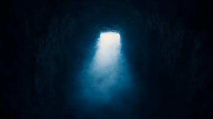 A dark, narrow mine shaft illuminated by a single beam of light, creating a mysterious and ominous atmosphere.
