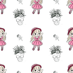 Whimsical Cartoon Girls and Floral Pattern