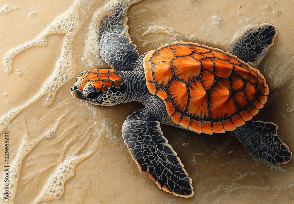 Poster realistic depiction of a colorful sea turtle swimming in ocean waves with detailed shell texture and