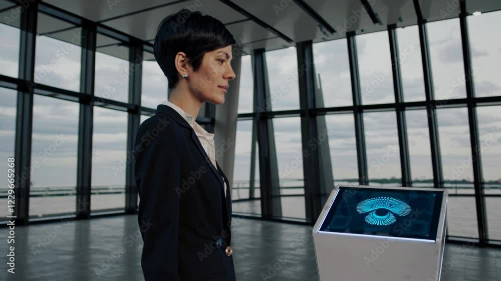 Fototapete High-tech hologram display engages with user in futuristic urban setting during cloudy day