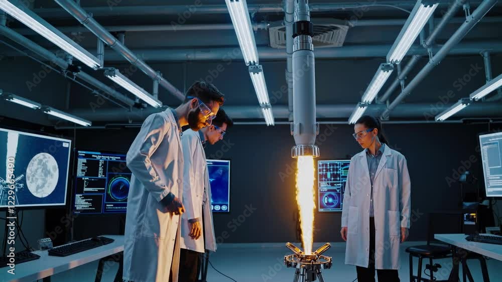 Poster scientists conduct experiments with a futuristic hologram in a high-tech laboratory setting