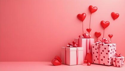 Stylish Valentines Day gifts with red hearts on pastel red background