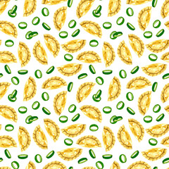 Watercolor dumplings seamless pattern. Food repetitive background. Asian food print with dumplings and spring onion. Perfect for wallpaper, fabric, wrapping, packaging, stationery, art and crafts.