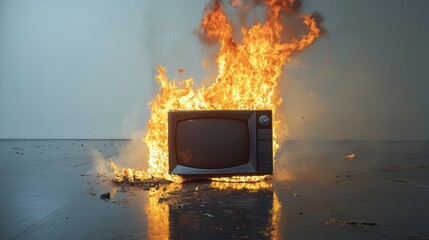 Flames engulf an old television set in a stark modern space, creating a striking contrast between technology and destruction
