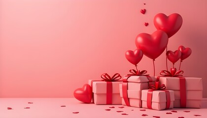 Stylish Valentines Day gifts with red hearts on pastel red background