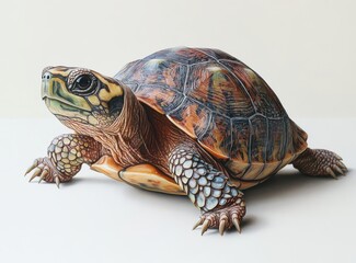 Fototapeta premium Realistic depiction of a turtle showcasing detailed textures and vibrant colors, emphasizing its unique shell patterns and lifelike features in a bright setting.