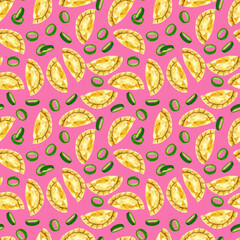 Watercolor dumplings seamless pattern. Food repetitive background. Asian food print with dumplings and spring onion. Perfect for wallpaper, fabric, wrapping, packaging, stationery, art and crafts.