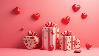 Stylish Valentines Day gifts with red hearts on pastel red background