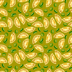 Watercolor dumplings seamless pattern. Food repetitive background. Asian food print with dumplings and spring onion. Perfect for wallpaper, fabric, wrapping, packaging, stationery, art and crafts.