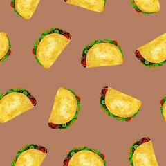 Watercolor taco seamless pattern. Tasty Mexican food illustration with vibrant colors. Perfect for wallpaper, fabric, wrapping, packaging, stationery, crafts, kitchen decor, and home textiles.
