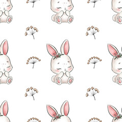 Cute Bunny and Floral Seamless Pattern