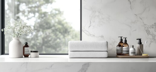 Serene Bathroom Still Life: Minimalist White Towels, Luxurious Bath Products, and Delicate Flowers near Window