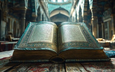 Obraz premium Open Book on a Table in a Dimly Lit Historic Library