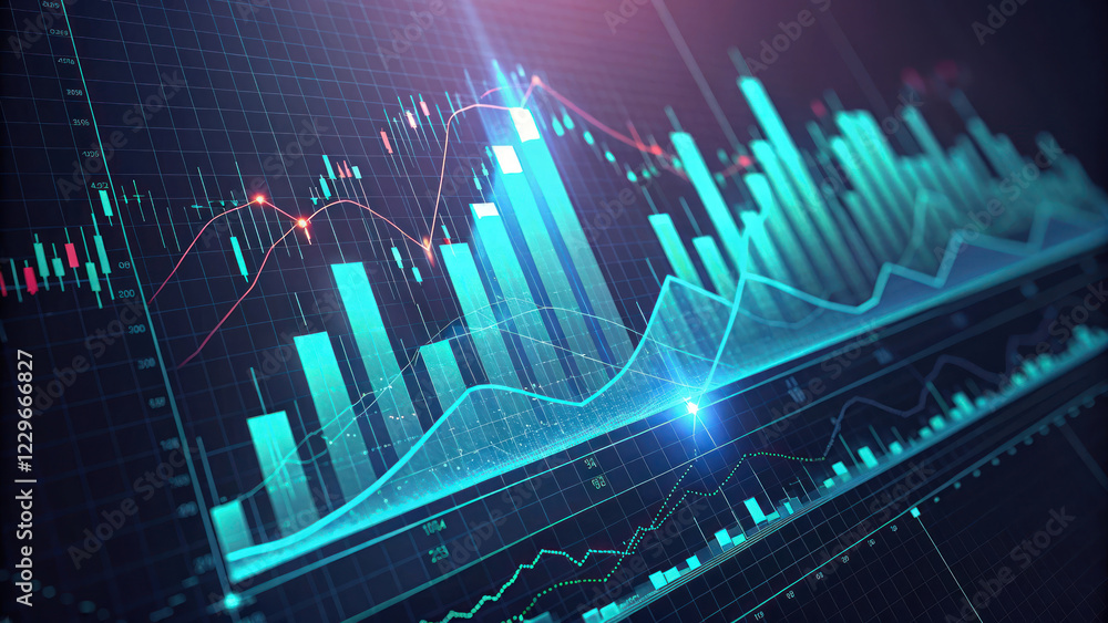 Poster glowing financial candlestick chart with vibrant colors and data trends. visual representation showc