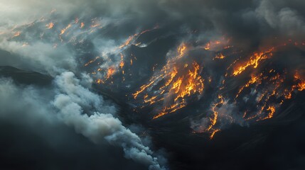 Fototapeta premium Aerial View of Large Wildfire Spreading Across Mountain Landscape
