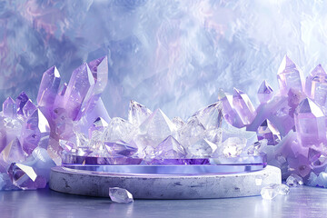 A collection of crystal pieces are arranged on a purple stone slab. Purple background with crystals for presentation of jewelry, perfumes, cosmetics.