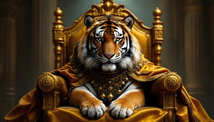 Obraz premium Majestic Tiger King on Golden Throne Art Print