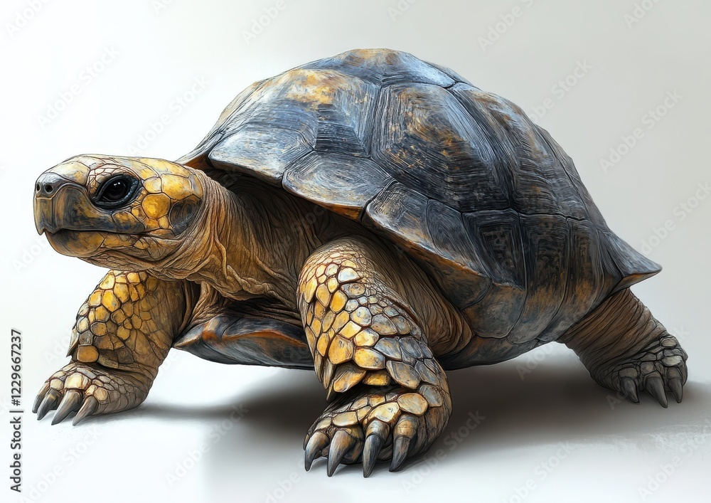 Poster realistic turtle illustration showcasing intricate shell patterns and textures with a focus on detai