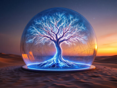 "A mystical, glowing tree with electric blue branches and roots stands inside a transparent, futuristic energy dome in the middle of a vast desert. The tree’s veins pulse with bioluminescent energy, i