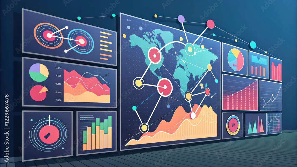 Aufkleber dynamic marketing strategy board with interconnected data visualizations, graphs, and charts showcas
