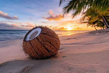 Coconut resting on sandy beach at sunset with palm trees