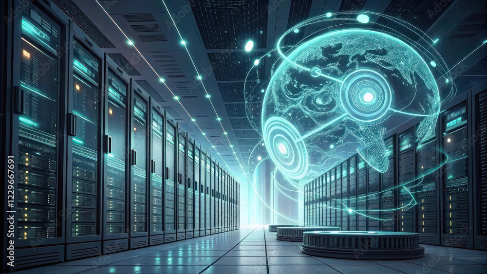 Poster futuristic data center with floating holographic globe and servers, showcasing advanced technology a