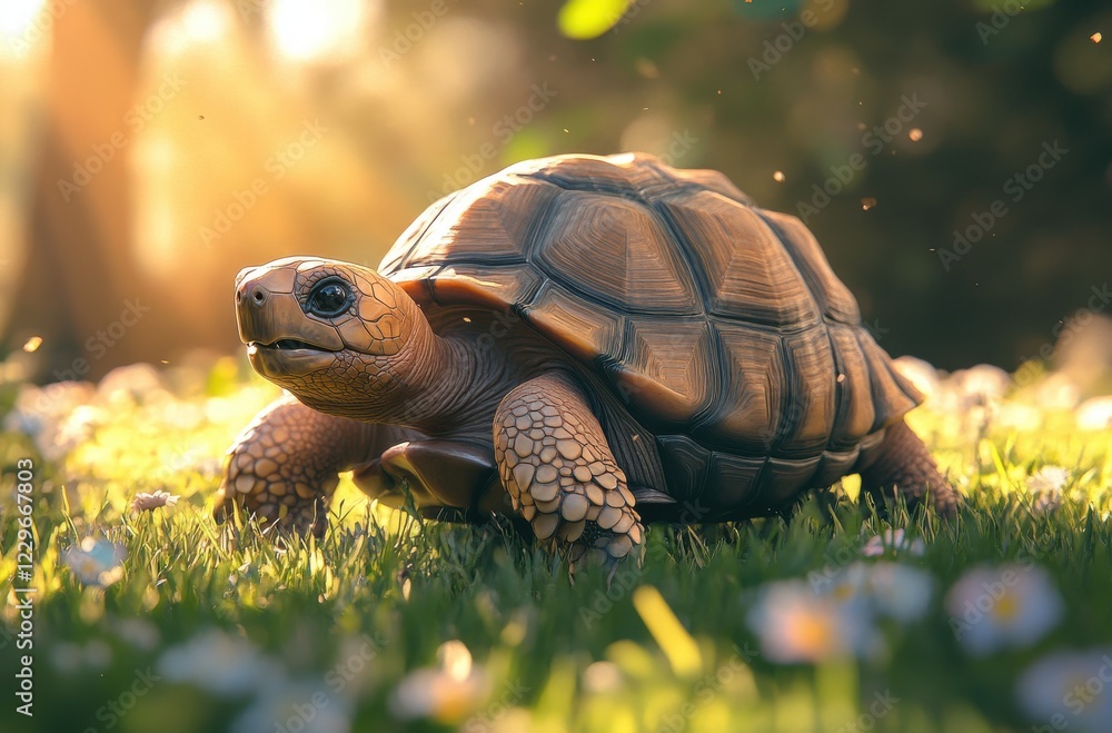 Poster realistic turtle walking through lush green grass with sunlight filtering through trees, showcasing 
