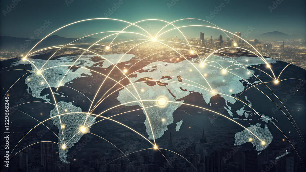Poster global financial network with interconnected cities and data flow
