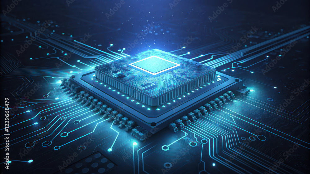 Poster glowing blue circuit board with futuristic microchip design, showcasing intricate details and vibran