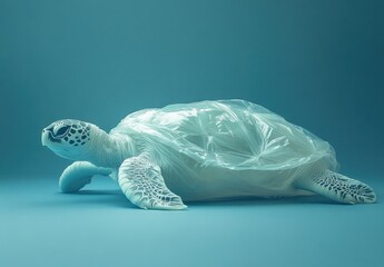 Sea turtle entangled in plastic wrap highlighting the environmental impact of pollution on marine life and the urgent need for ocean conservation efforts
